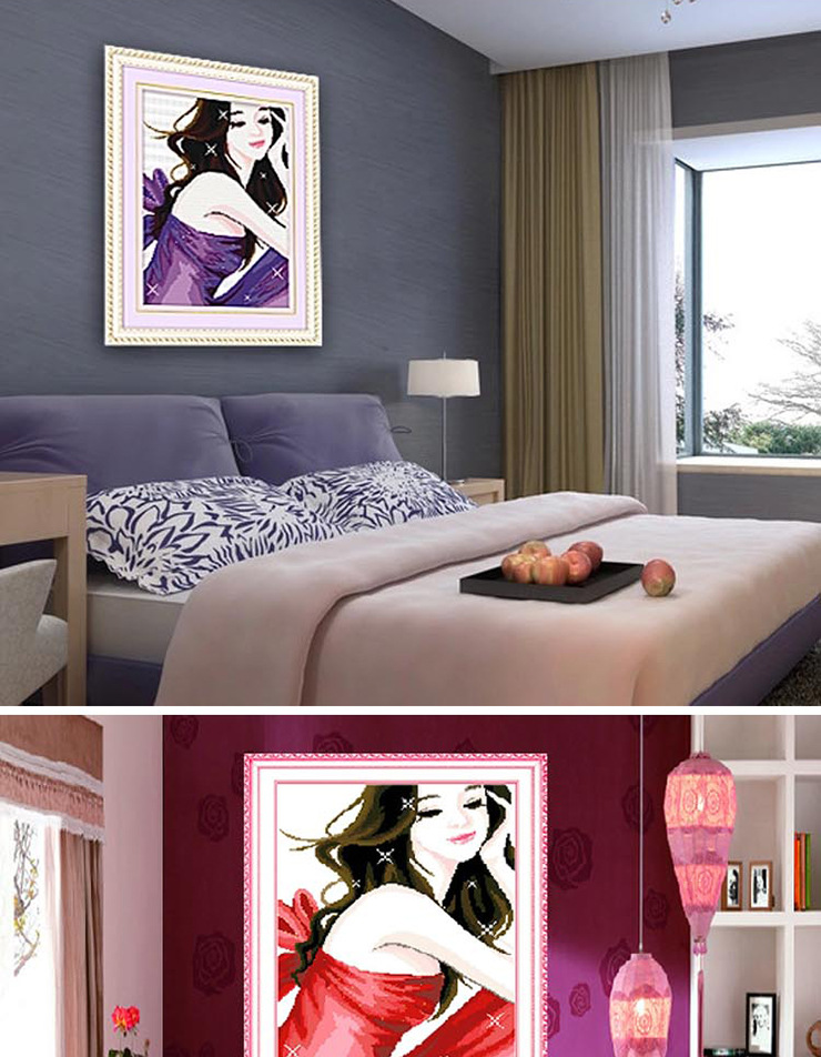 紫韵红韵新款精准印花十字绣人物挂画卡通美女小幅卧室装饰