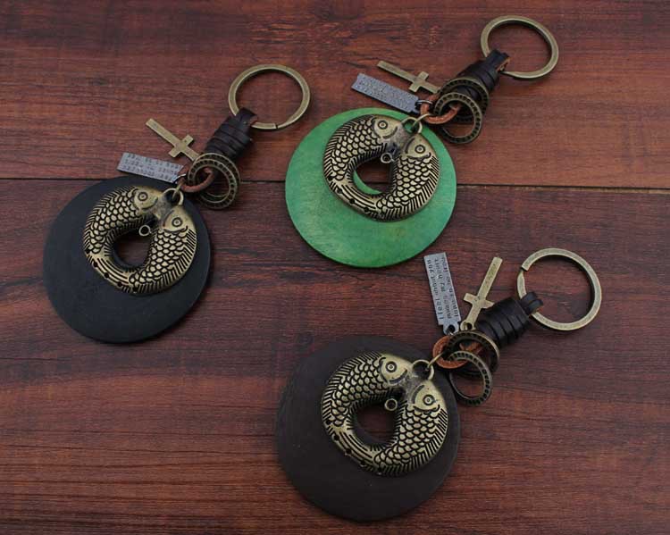 复古青铜双鱼挂件编织牛皮钥匙扣克创意钥匙扣男女小礼品批发