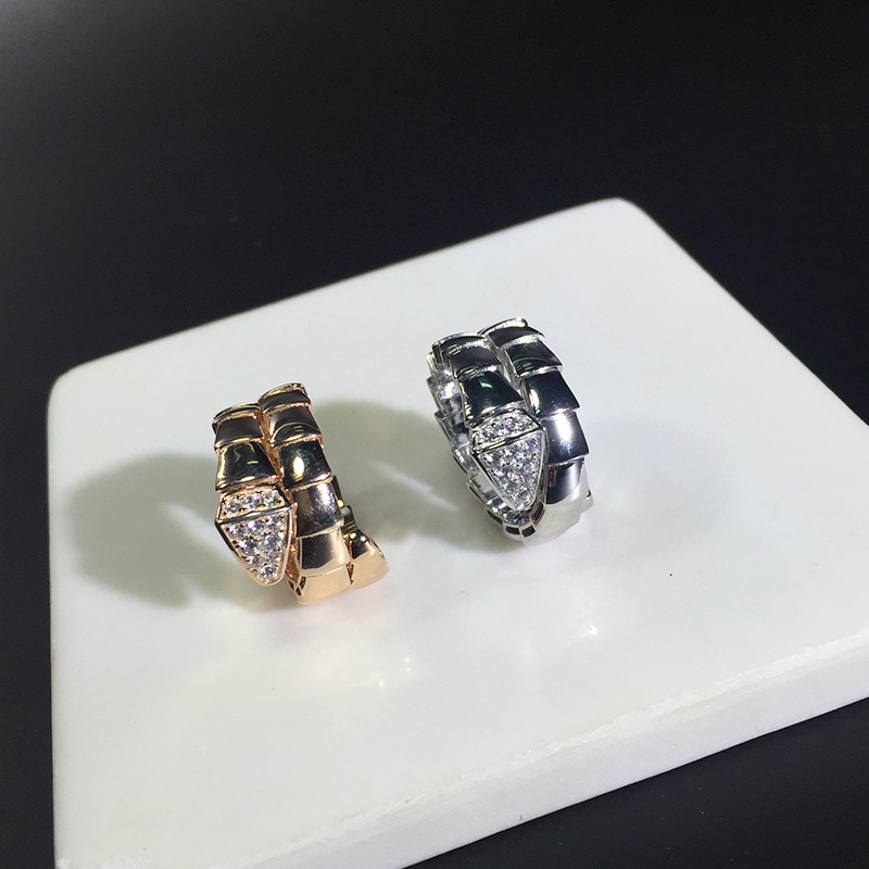 欧美大牌精工定制s925纯银三圈蛇戒指蛇头满钻蛇指环个性潮流饰品