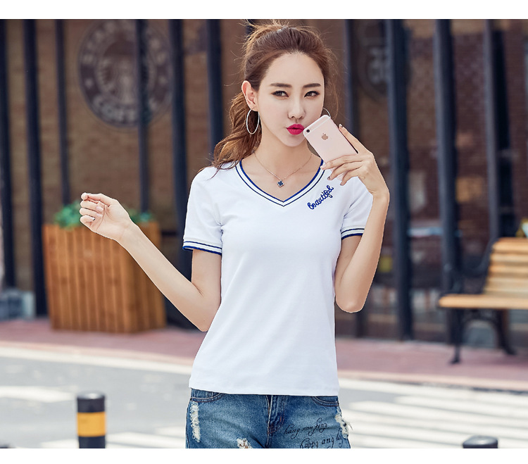 107#韩版v领字母短袖体恤衫女2017夏天衣服宽松t恤夏衣半袖上衣