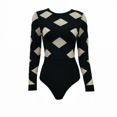 2017女士性感圆领长袖格纹三角连体裤 时尚休闲款 批发