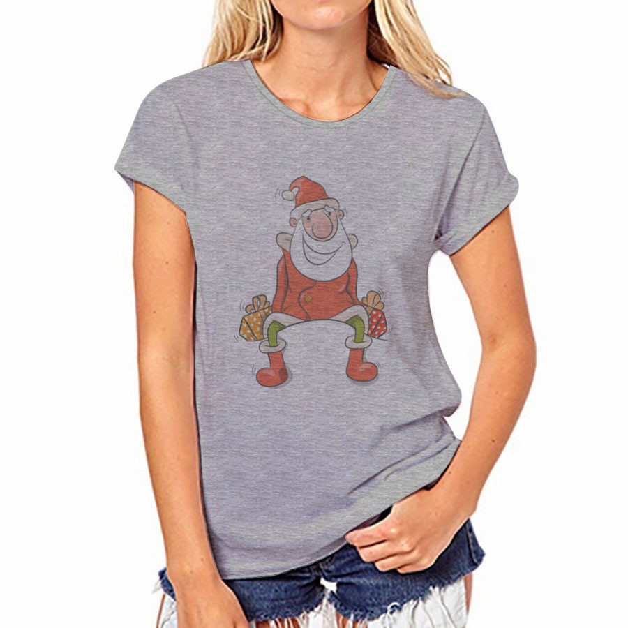 速卖通wish爆款ebay新款外贸灰色印花女圆领短袖圣诞老人T恤