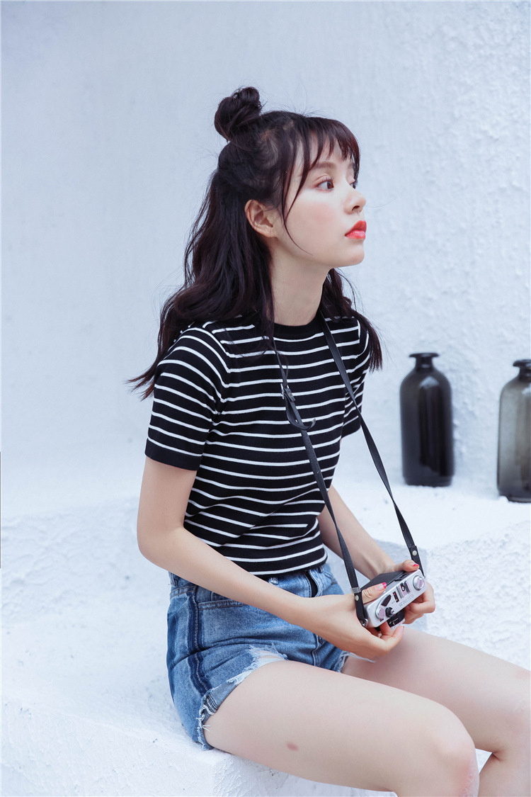 夏季新款韩版小清新学院风圆领宽松百搭配条纹撞色针织短袖t恤女