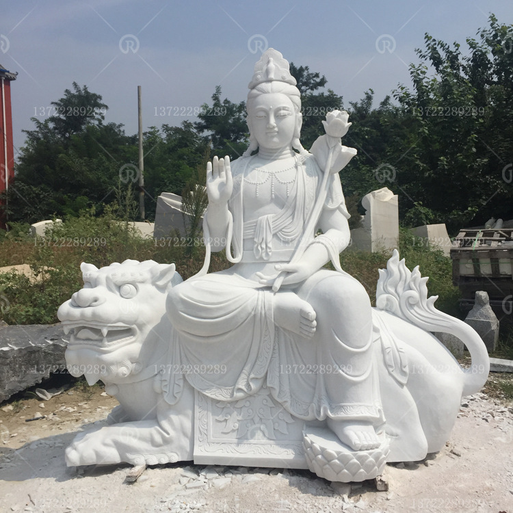 大型石雕佛像汉白玉文殊普贤菩萨坐骑狮子坐佛寺庙供奉
