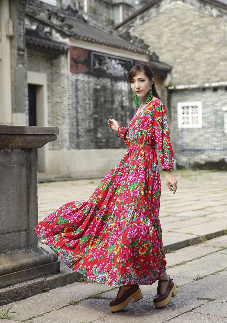 民族风新款东北大花张馨予同色碎花连衣裙秋厂家直销支持一件代发