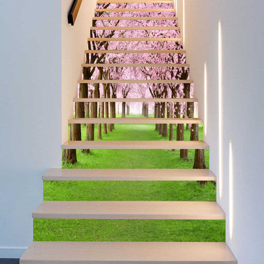 lt015 家居翻新楼梯贴 时尚创意台阶装饰墙贴樱花树美景街道