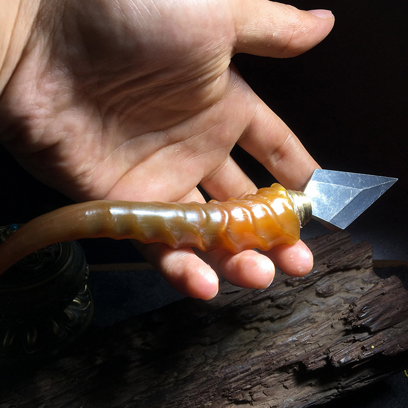 天然黄羊角茶刀茶具大马士革不锈钢茶道茶针普洱茶黑茶专用刀具