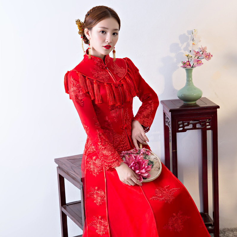2020年冬款加棉新娘结婚礼服婚纱礼服红色长款敬酒服喜服刺绣定制