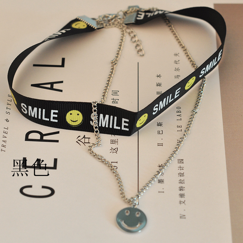 n269 权志龙笑脸字母金属双层链条项链锁骨颈带个性颈链