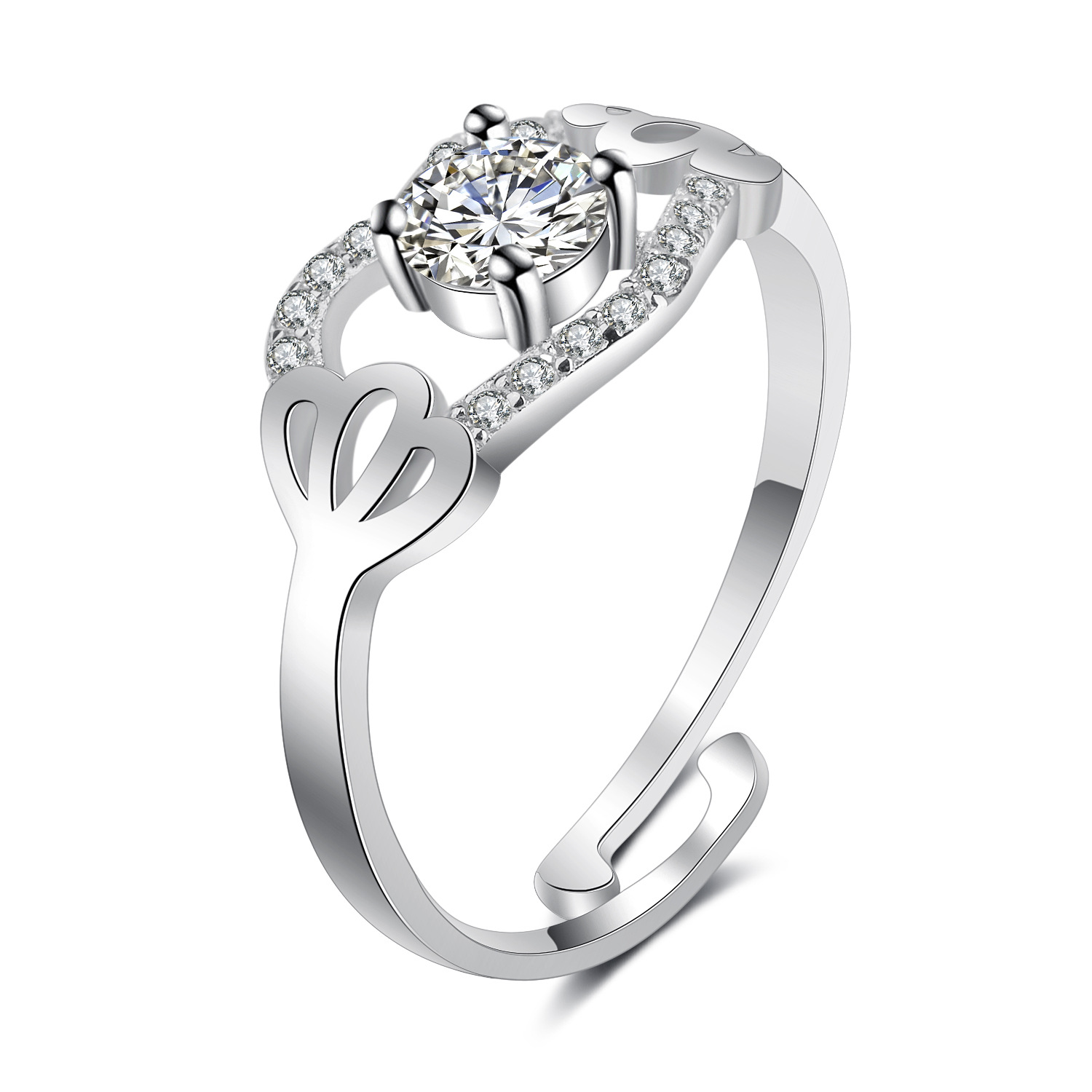 jz237小草爱心桃心款镶嵌50分仿真钻戒女款开口可调节镀k白金戒指