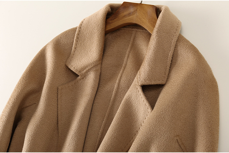 欧美高端大牌女装秋冬长款宽松系带纯手工水波纹双面羊绒大衣外套