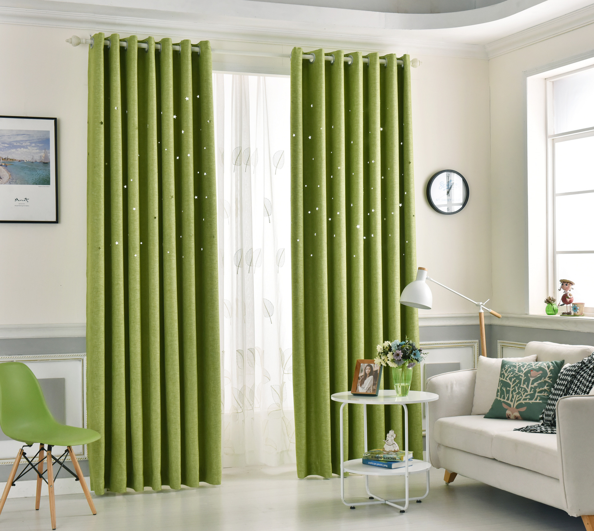 高档加厚窗帘布全遮光酒店工程纯色麻布现代简约镂空星星窗帘布