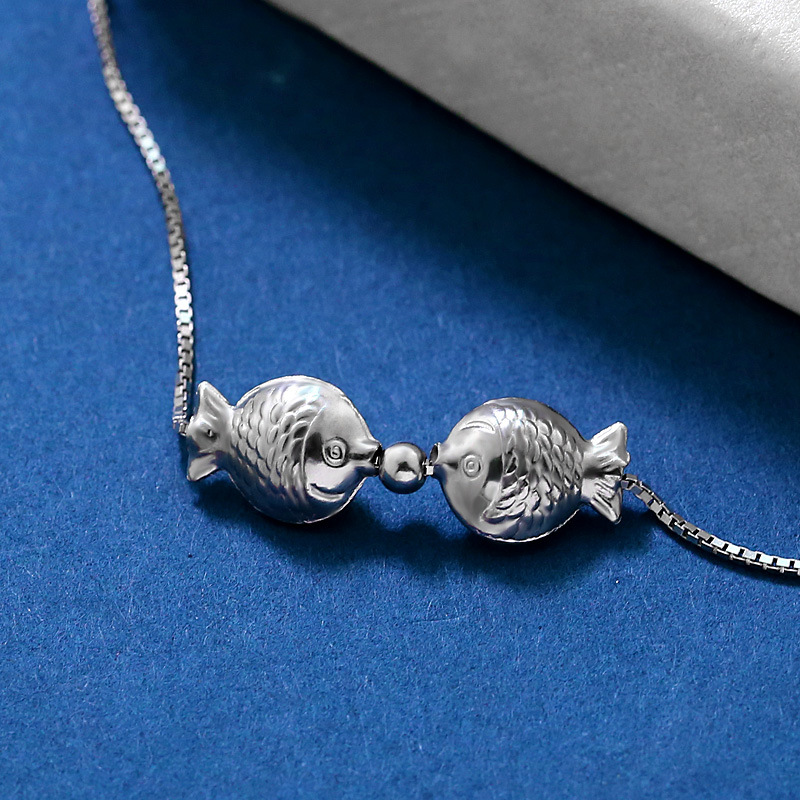 s925纯银饰品项链 女接亲吻鱼亲嘴鱼吊坠 圆光珠球饰品 代理批发