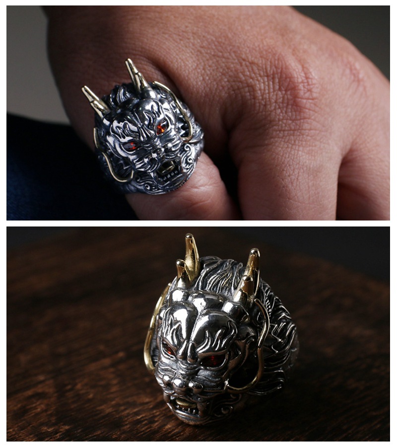 s925纯银泰银复古双色立体龙王龙头霸气男款大码戒指 生日礼物