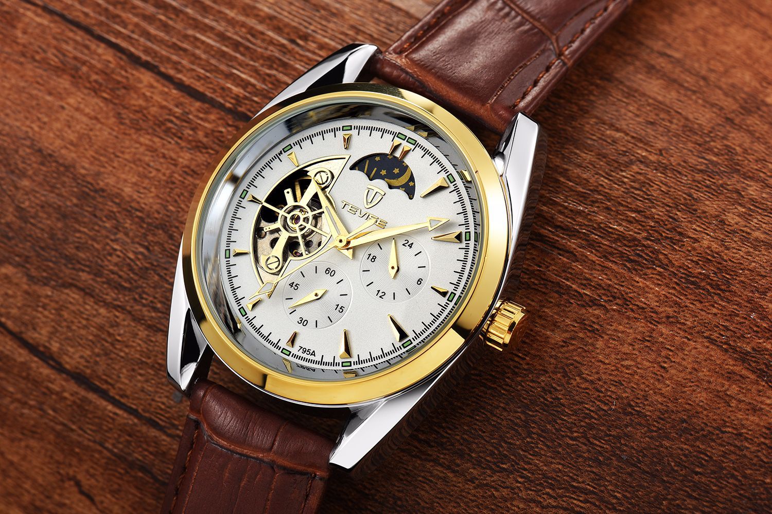 tevise/特威斯79银壳皮带多功能商务休闲精钢带男士手表watch