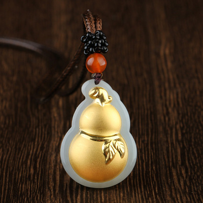 天然和田玉金镶玉福禄葫芦吊坠4d足金镶白玉挂件男女款玉坠批发