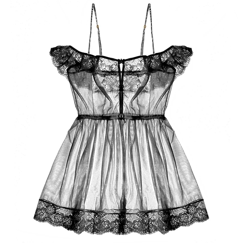 法式蕾丝网纱透明睡裙睡衣白色透明吊带一字领露肩情趣诱惑内衣女