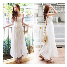 夏季拼接长裙纯色高腰波点大摆型雪纺吊带型白色气质通勤连衣裙