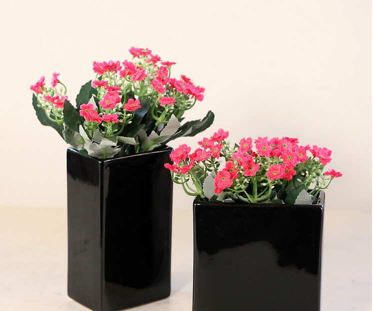 外贸12cm田园方口大花盆黑白陶瓷方缸插花花器陶瓷多肉花盆正方形