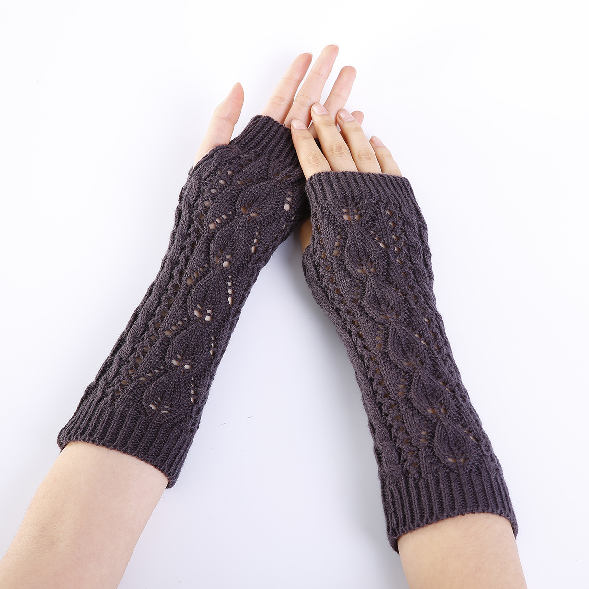 2018男女秋冬季新款树叶镂空网眼时尚露指手套针织毛线半指手臂套