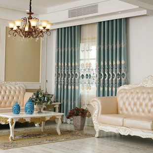 摩曼新款蓝色提花遮光窗帘面料 水溶绣花窗帘布客厅卧室成品窗帘