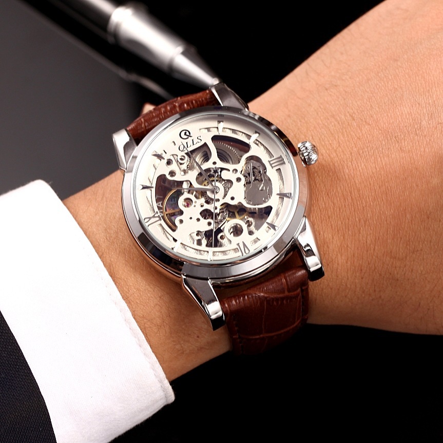 新款奇诺时qlls手表男士全自动机械表防水潮流镂空大表盘皮带男表
