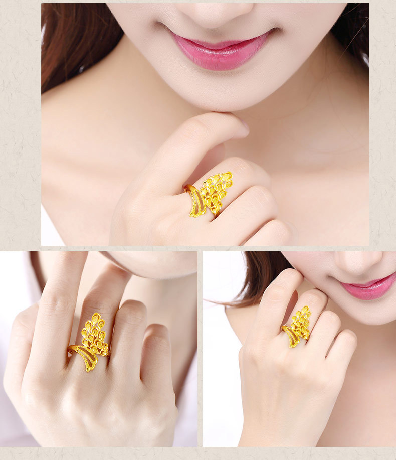 仿3d黄金凤求凰活口 凤尾戒指开口女士复古中国风24k镀金首饰批发