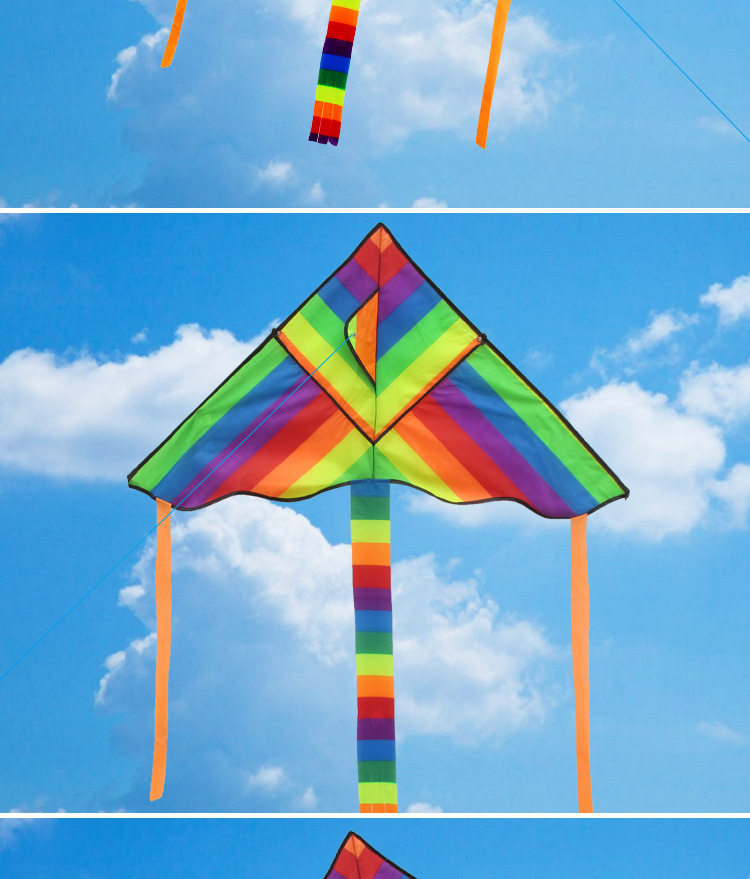 潍坊风筝批发彩虹风筝1.2米格子布长尾弯边儿童三角风筝厂家直销