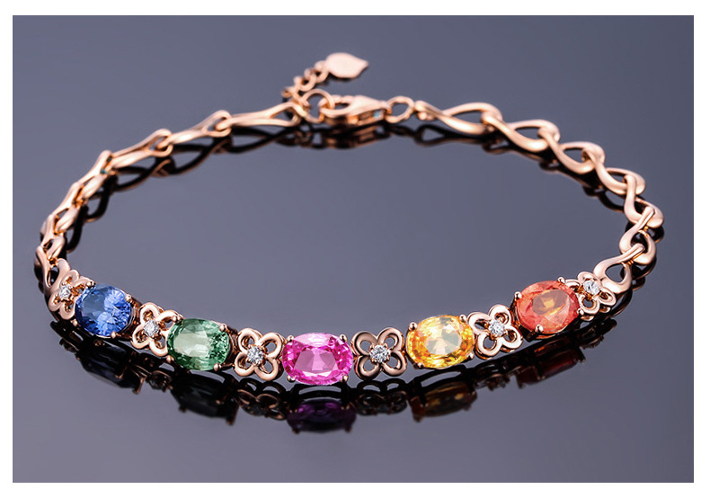 臻荣彩宝系列 韩版时尚18k腕上彩虹镶彩色宝石手链 女 银饰品批发