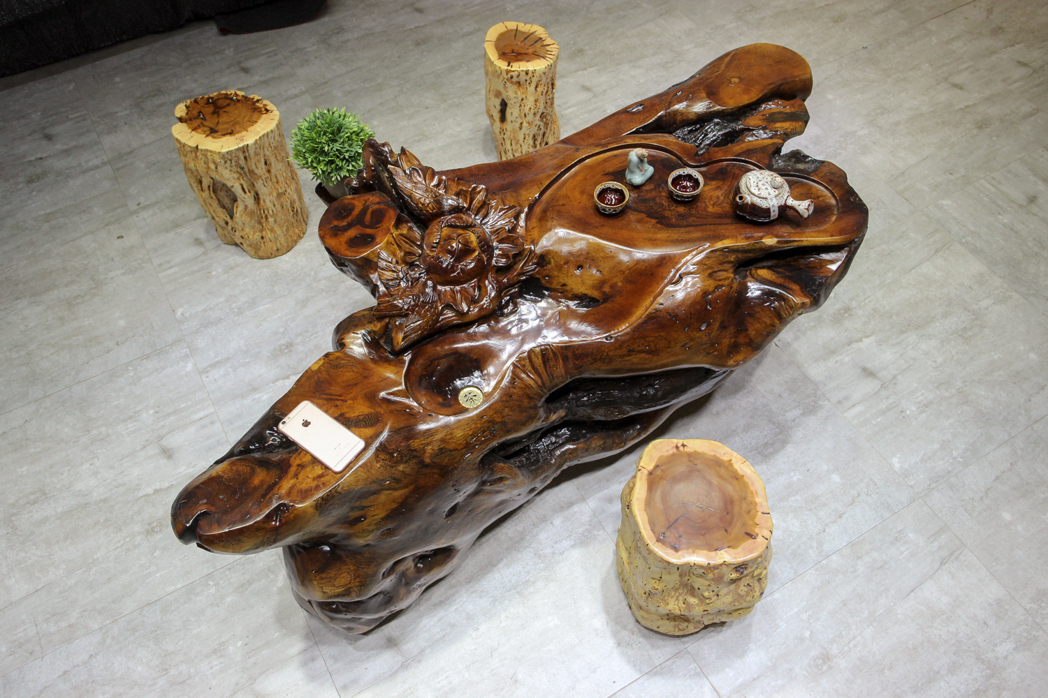 鸡翅木天然脚根雕茶台实木树墩功夫茶海整体根艺茶桌自然原木茶几