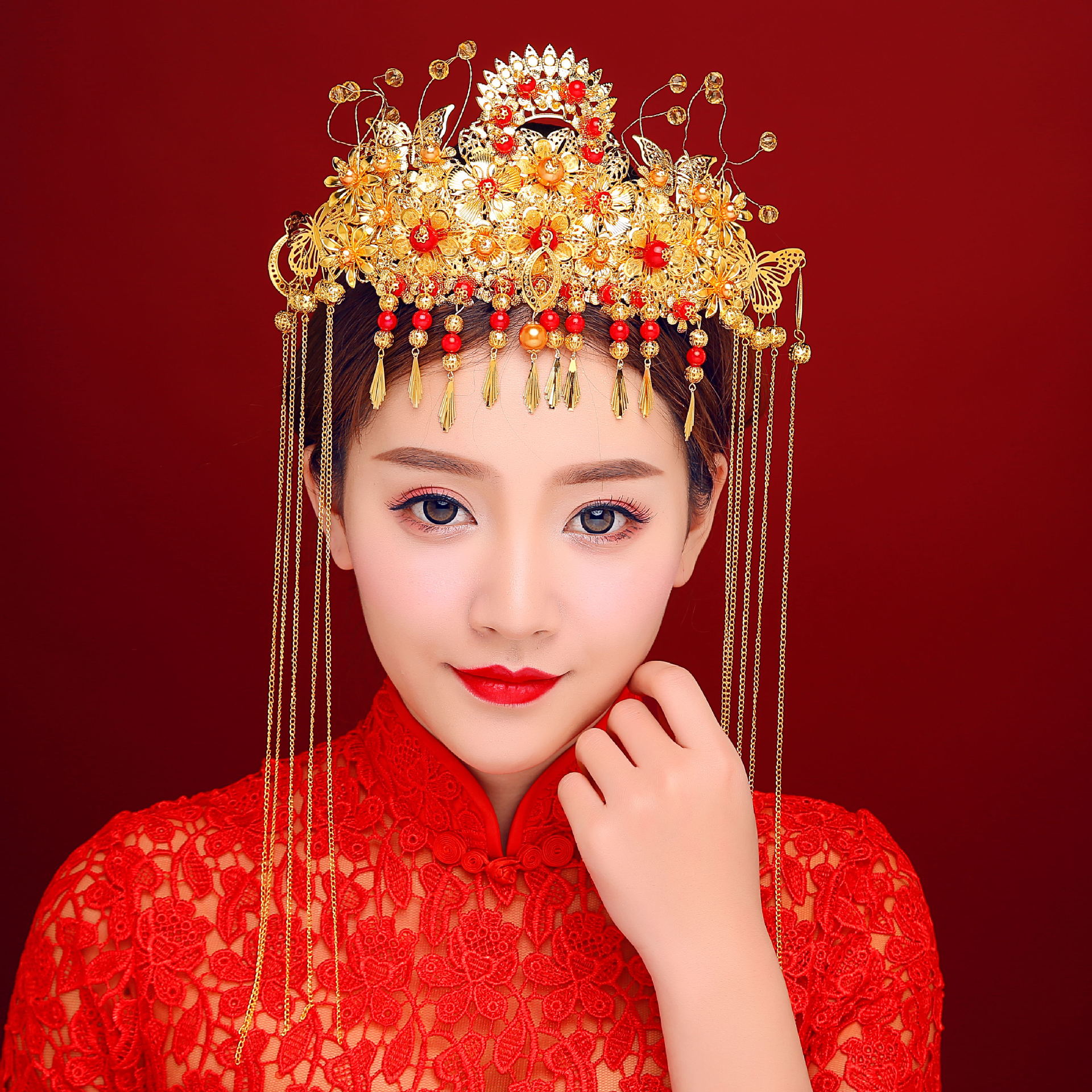 新款中式新娘头饰凤冠结婚秀禾服龙凤褂头饰古装汉服发簪步摇饰品