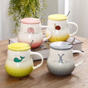 卡通可爱小动物多款陶瓷马克杯 学生大肚大容量牛奶杯带盖勺水杯
