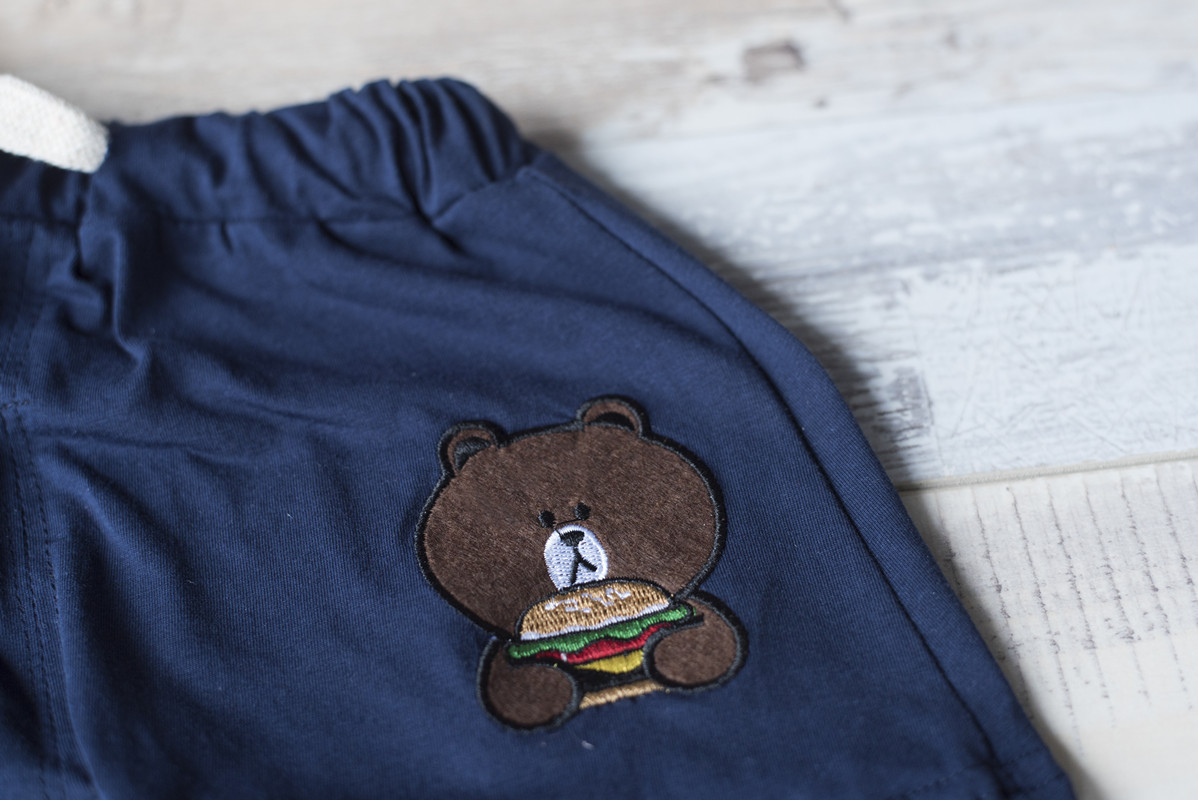 夏line童装 儿童卡通布朗熊条纹套装 男童短袖女童纯棉短裤两件套