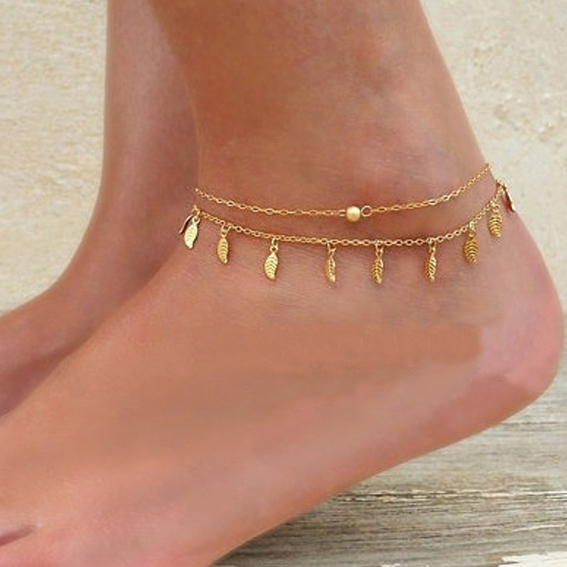 Europe and America Cross Border Hot Sale Foot Ornaments Simple Double Chain Tassel Small Leaves Foot Ornaments Double-Circle Anklet