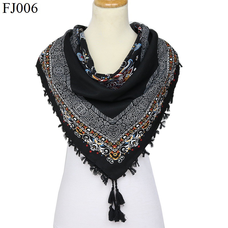 European and American Autumn and Winter New Pure Cotton Large Kerchief Tassel Thickening Print Scarf Ethnic Style Retro Cross-Border Warm Shawl