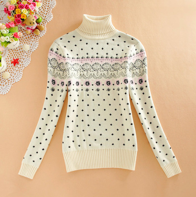 2017秋冬淑女屋少女学生装英伦风提花八角花高领修身套头毛衣外套