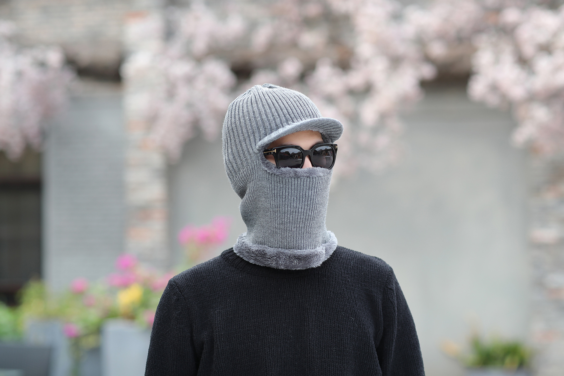 帽子 男士冬季加绒蒙面帽新款色保暖骑车套头帽个性弯檐毛线帽