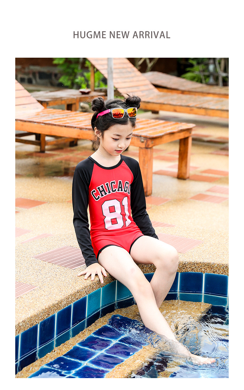 儿童泳装2018新款女童连体泳衣韩版中大童沙滩长袖泳装一件代发