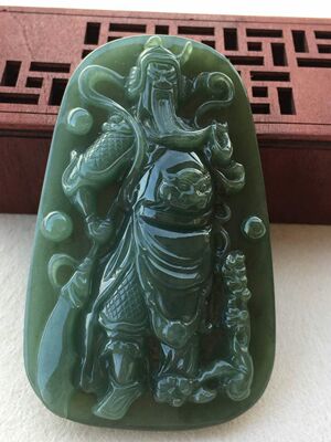 油青a货翡翠关公吊坠男款大号玉器牌关羽玉石关二哥配玉佛珠项链