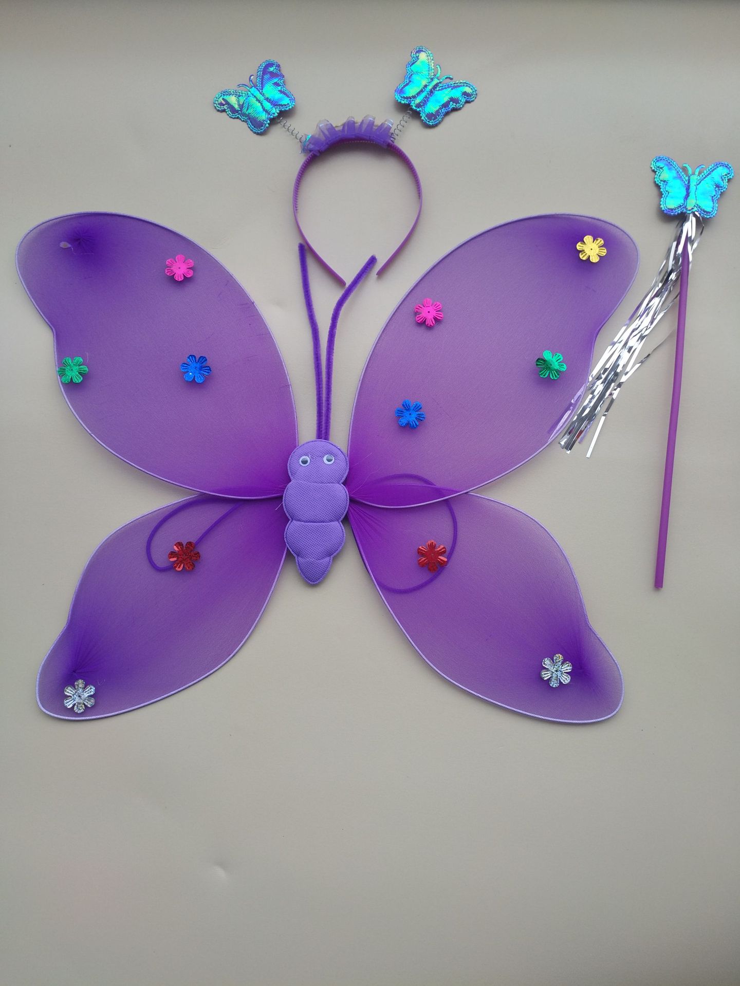 发光蝴蝶翅膀带灯儿童演出表演道具 单层亮片天使三件套