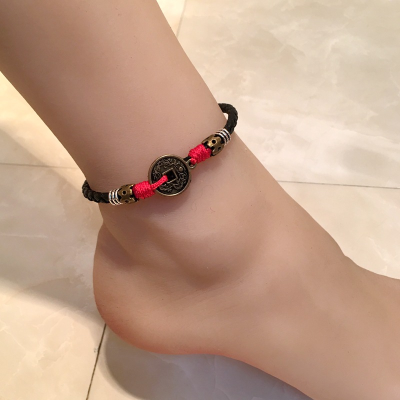 外贸亚马逊脚链女本命年红绳铜钱个性复古手工民族风饰品一件代发