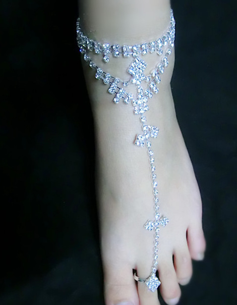 速卖通外贸原单饰品 新娘沙滩水钻脚链 光脚赤脚鞋满钻连趾脚饰