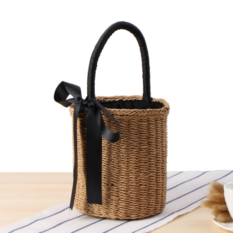New Cylinder Hand Carrying Straw Bag Summer Vacation Woven Bag Portable Bucket Ribbon Leisure Bag