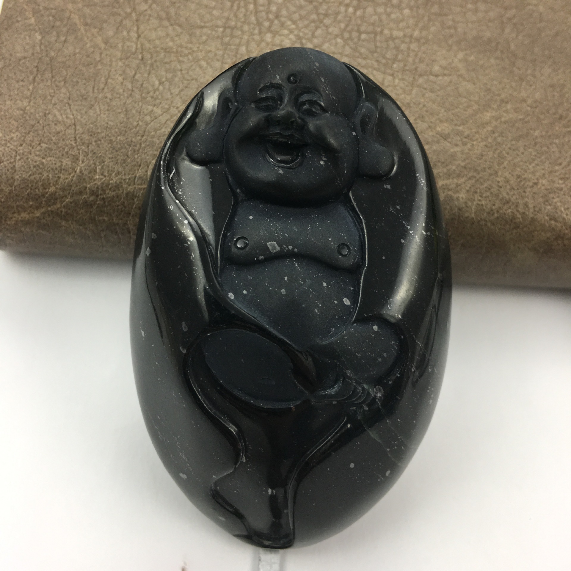 墨玉贵蛇纹石玉墨绿玉磨砂弥勒佛头手把件玉佩玉坠玉牌