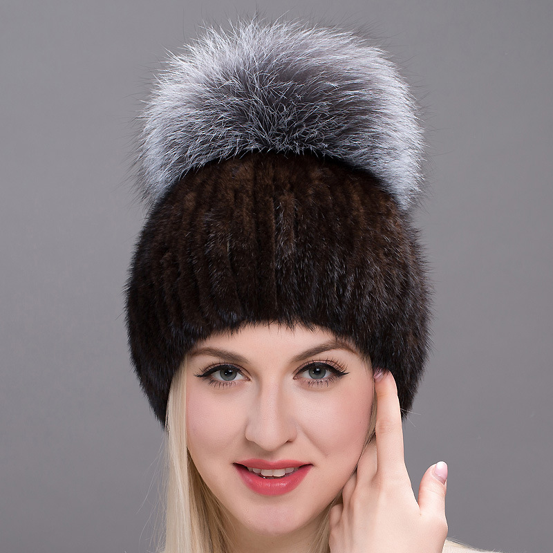 水貂毛皮草帽子时尚女士貂皮编织帽狐狸毛大球保暖针织帽欧美秋冬