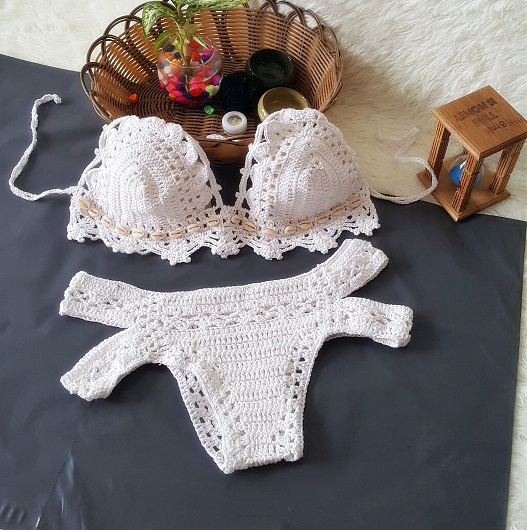 2018欧美夏季女士比基尼泳装毛线针织沙滩阳光浴泳衣贝壳内衣套装