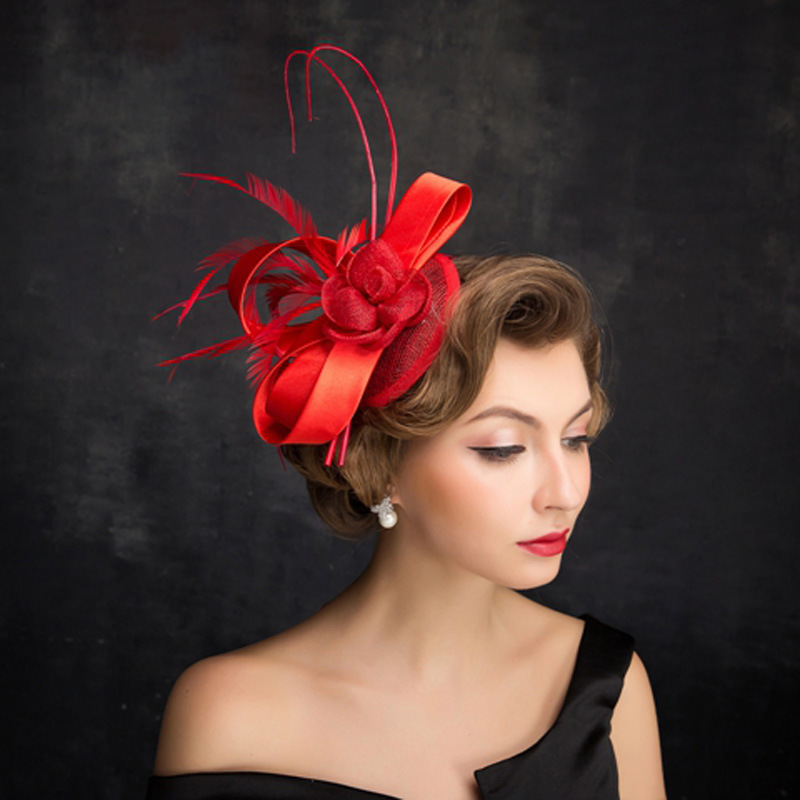 新款礼帽女士欧美百搭成人礼帽新娘礼服羽毛头饰饰品红色帽子批发