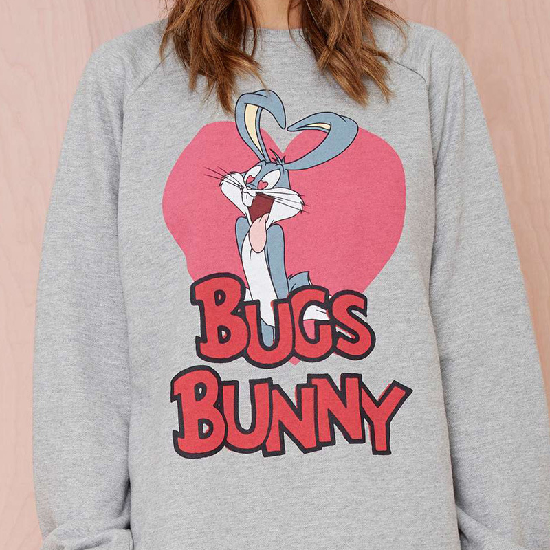 haoduoyi热卖欧美动漫卡通爱心兔八哥bugs bunny灰色长款女卫衣