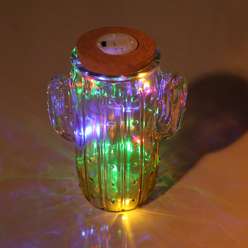 创意玻璃发光许愿瓶 彩色玻璃瓶装饰摆件 仙人掌新灯带发光礼品