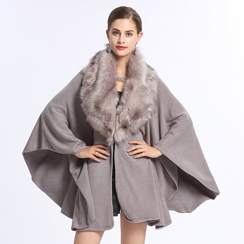 1168# European and American Style Autumn and Winter New Imitation Fox Fur Big Fur Collar Loose Oversized Knit Shawl Cape Knitwear